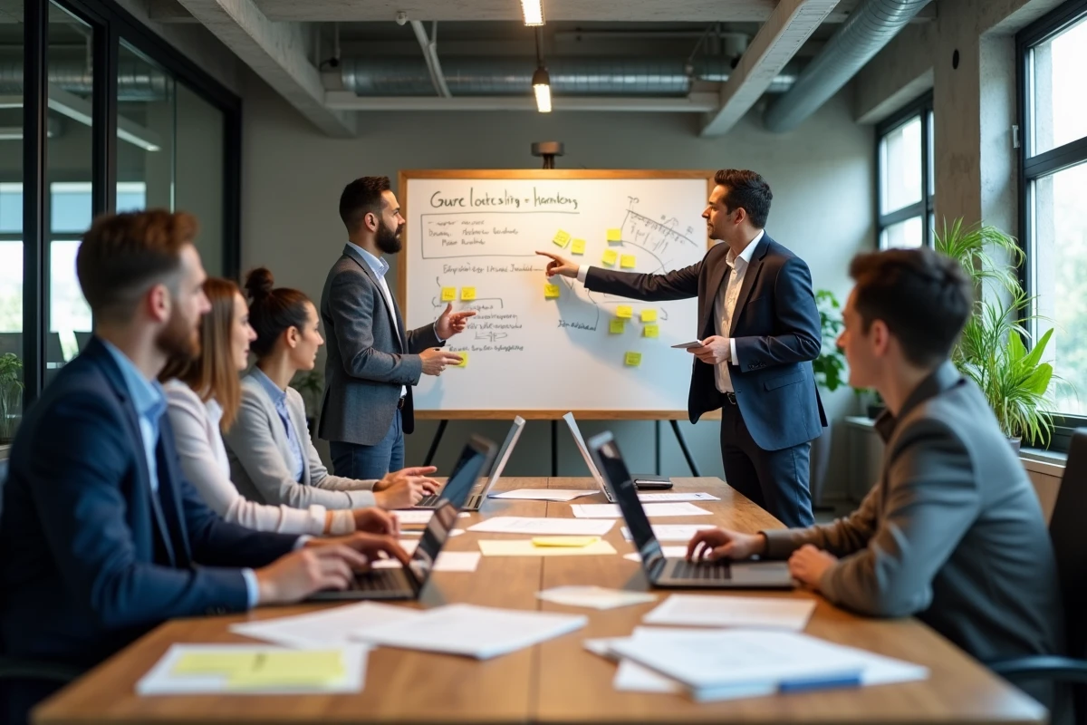 Groupe de professionnels en réunion autour d'une table de conférence pour créer une organisation, avec organigrammes et documents