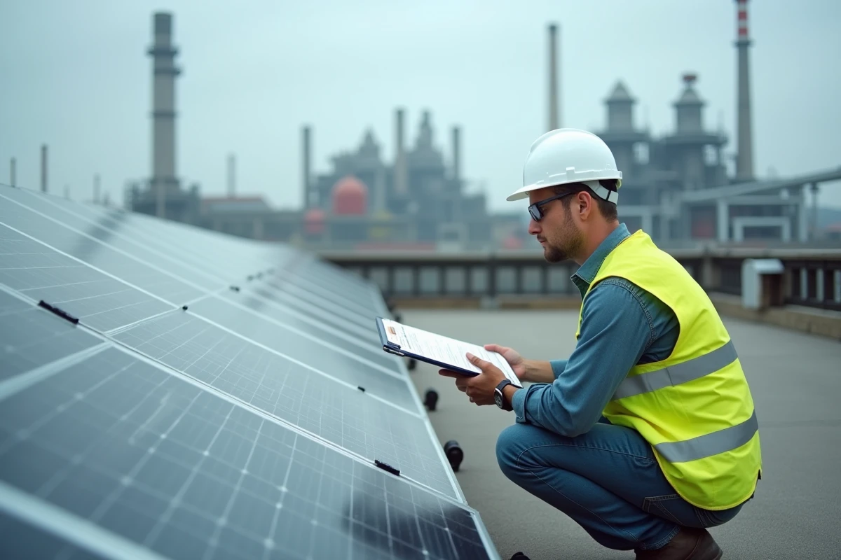 Ingénieur environnemental mesurant l'empreinte carbone d'une installation industrielle avec panneaux solaires en toiture