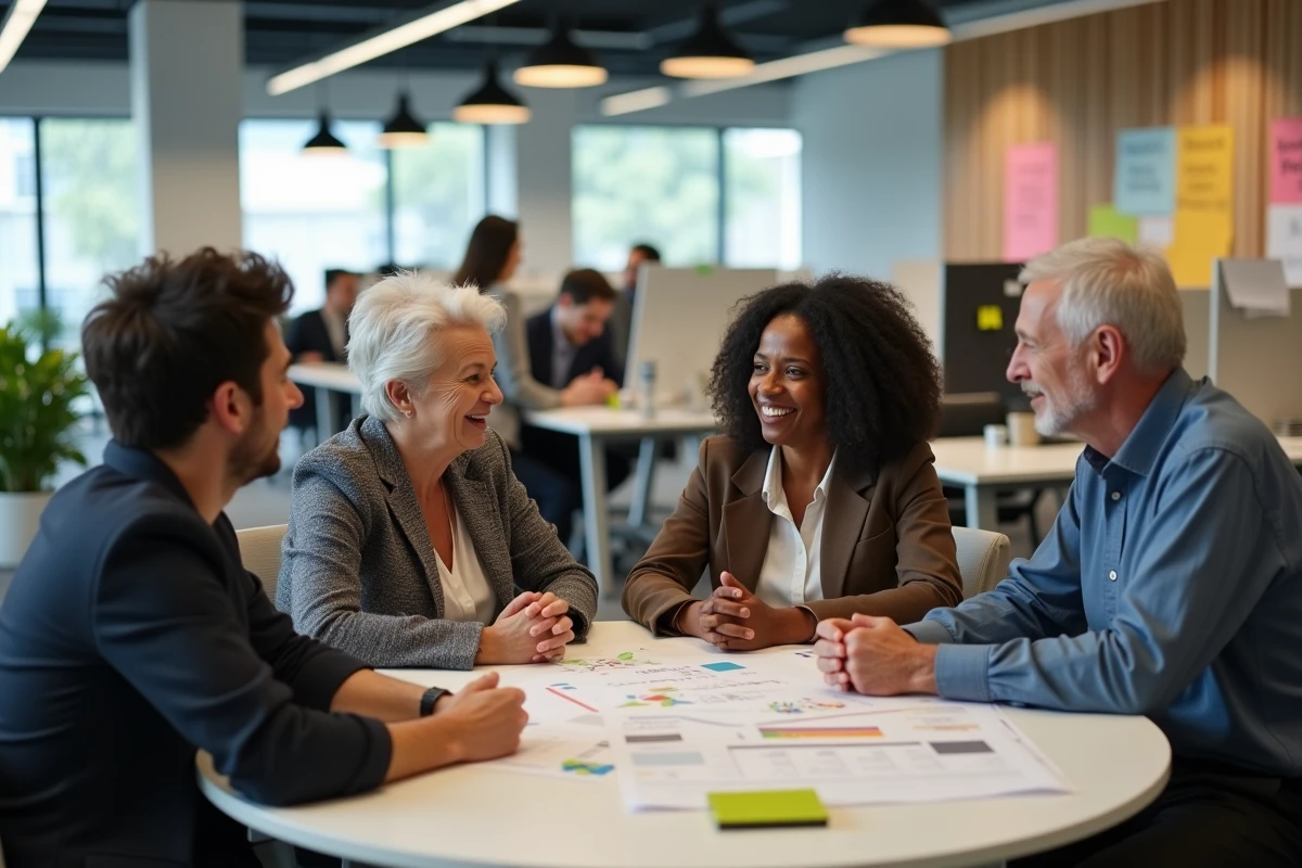Équipe diversifiée réunie autour d'une table pour discuter des conditions de travail et de la politique de diversité en entreprise