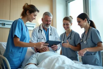 Une équipe soignante pluridisciplinaire réunie autour d'un patient dans une chambre d'hôpital moderne, illustrant les critères de qualité des soins.