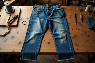 Jean en denim indigo usé et délavé posé à plat sur une table en bois rustique, illustrant le cycle de vie d'un jean