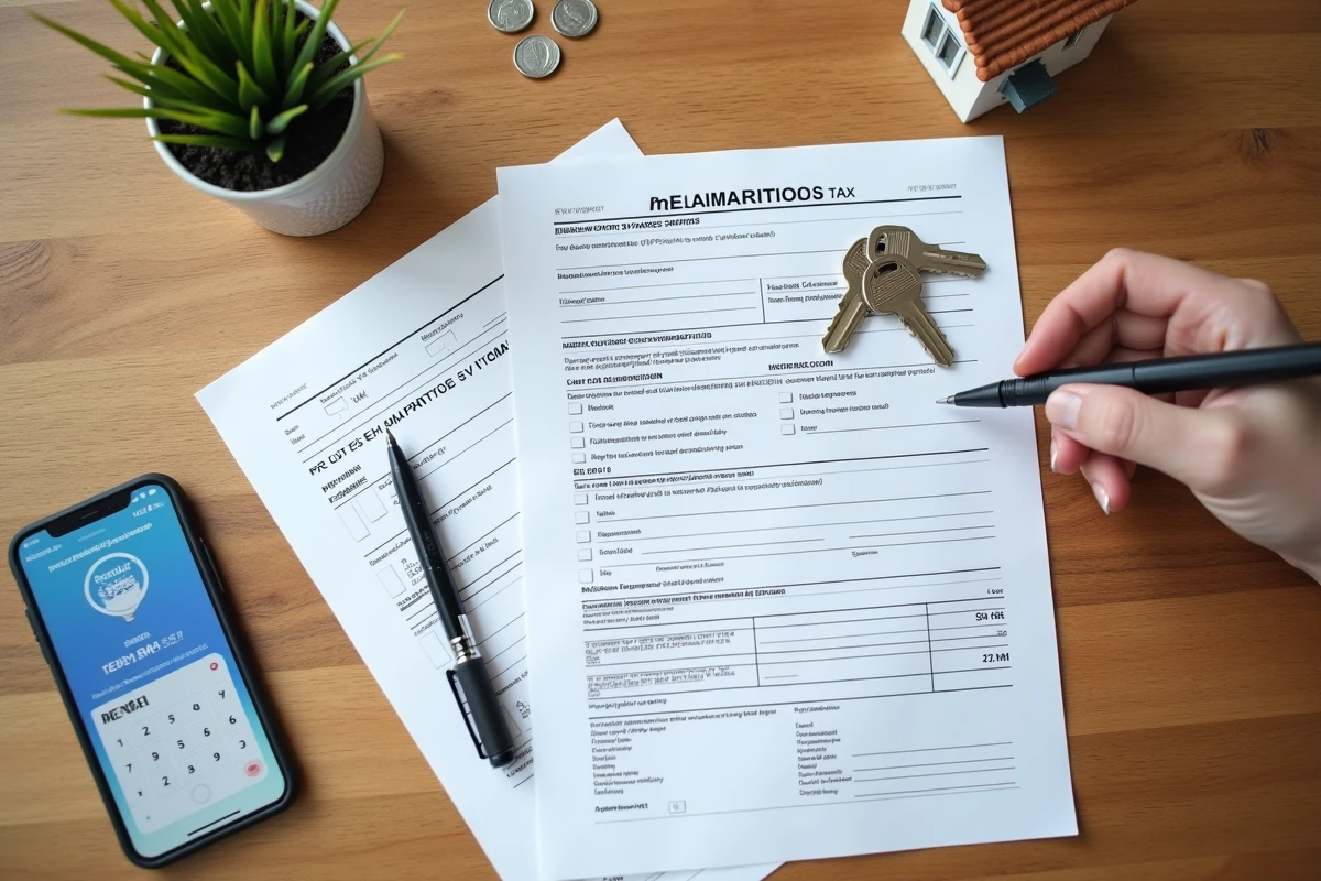 Vue aérienne d'une déclaration fiscale française, de clés et d'un modèle de maison symbolisant la fiscalité de la colocation