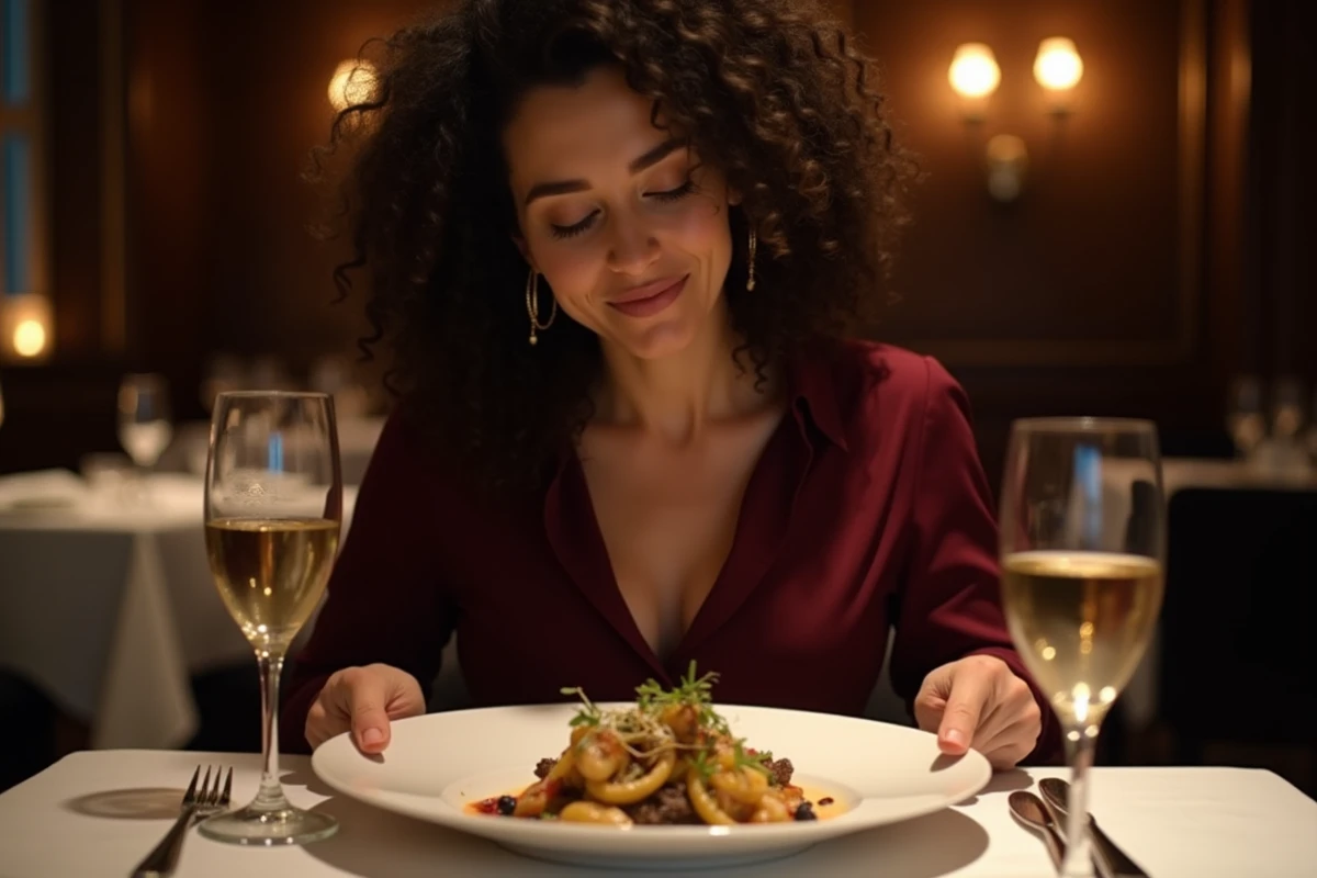 Femme dégustant un menu gastronomique dans un restaurant gastronomique élégant