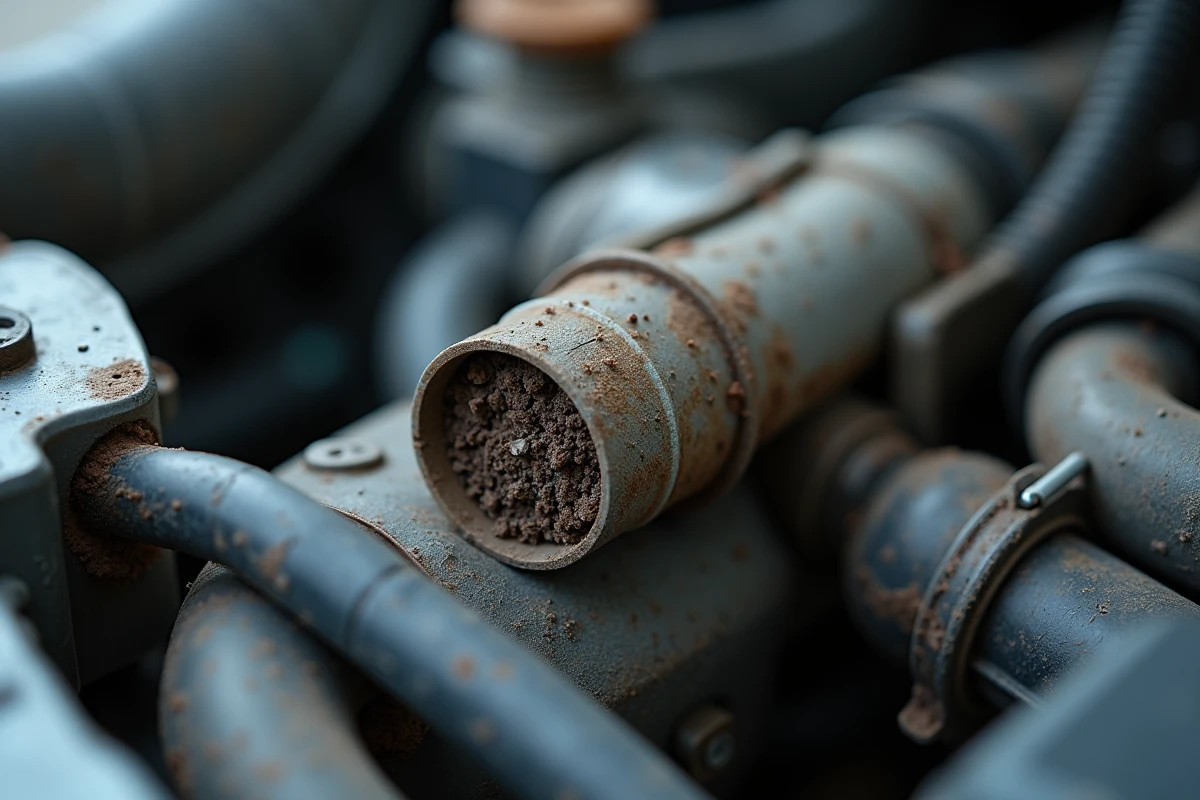 Gros plan sur le compartiment moteur d'une voiture hybride ancienne montrant des connecteurs corrodés, des durites fissurées et des conduits d'aération encrassés témoignant du vieillissement du système