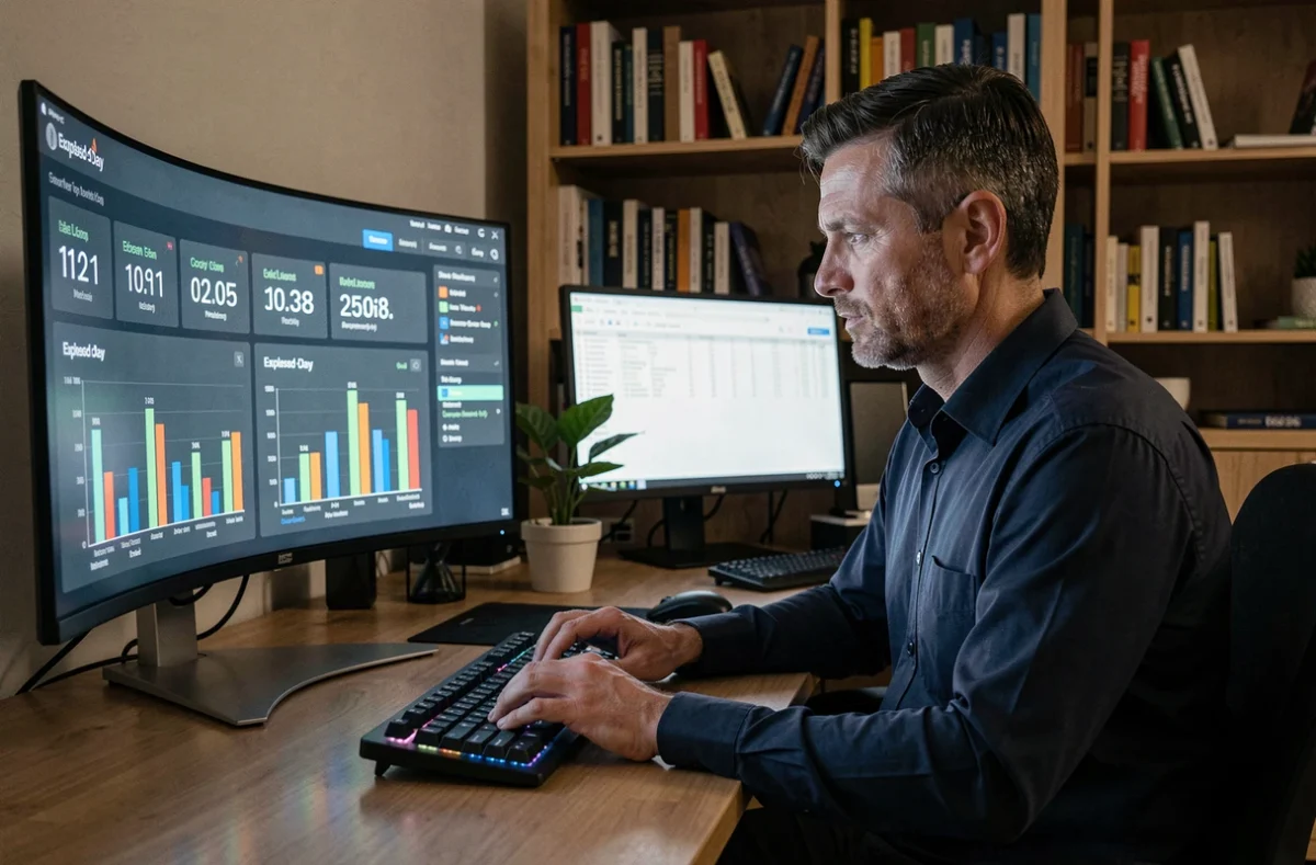 Développeur masculin travaillant sur un tableau de bord analytique affichant des compteurs de jours écoulés depuis une date sur écran courbe