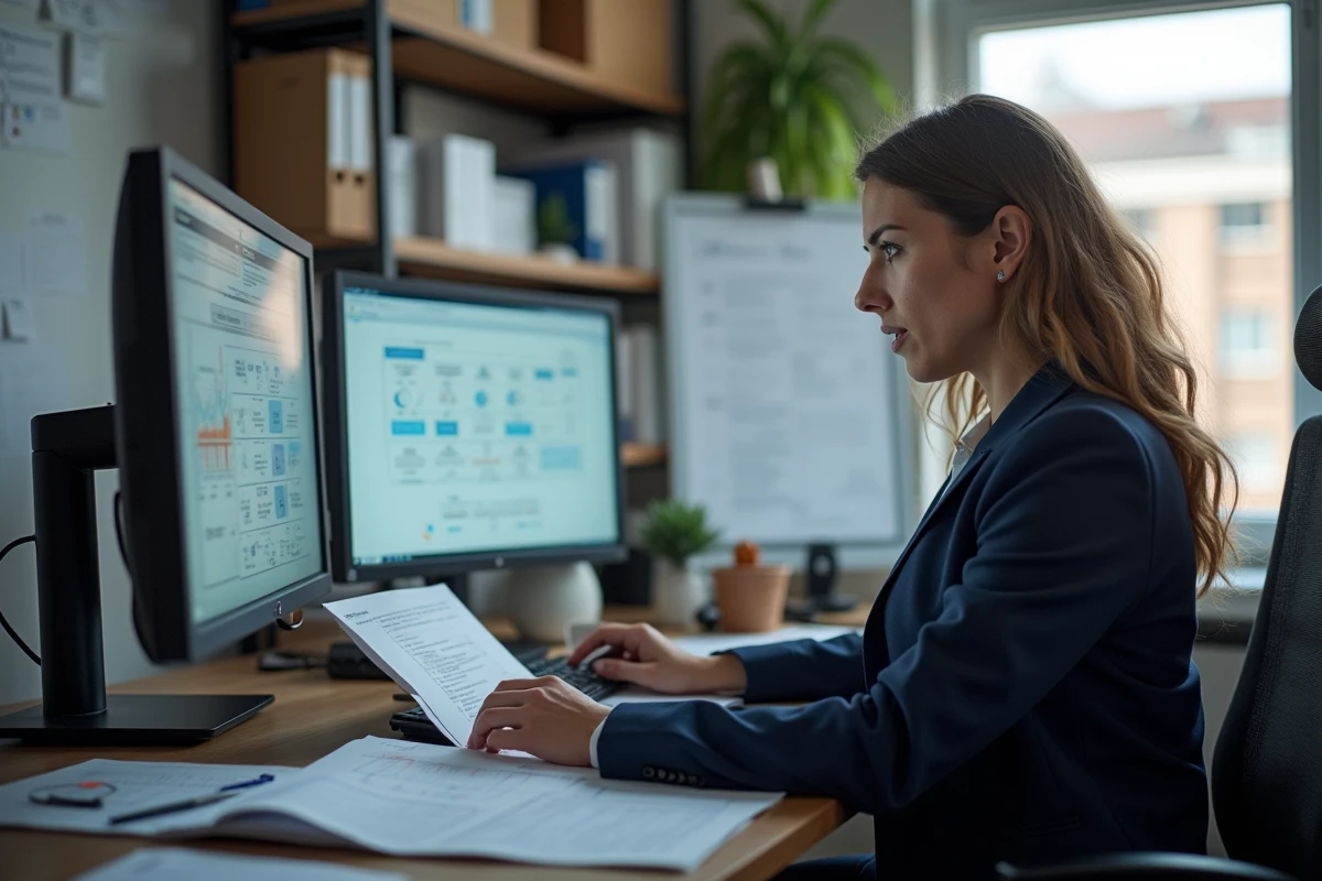 Responsable logistique industrielle analysant des données de chaîne d'approvisionnement dans un bureau opérationnel chargé