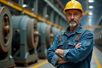 Ouvrier d'usine préoccupé face à des machines industrielles à l'arrêt, illustrant les difficultés de l'industrie manufacturière
