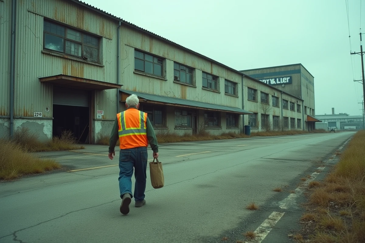 Façade vieillissante d'une usine industrielle en déclin avec un ouvrier solitaire, symbolisant les défis économiques du secteur industriel