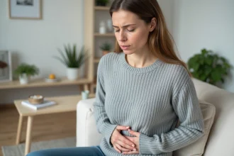 Femme souffrant de douleurs abdominales liées au syndrome de l'intestin irritable assise sur un canapé