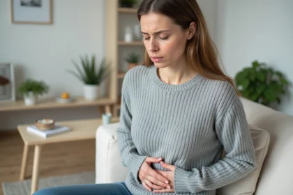 Femme souffrant de douleurs abdominales liées au syndrome de l'intestin irritable assise sur un canapé