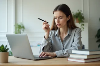 Femme adulte concentrée devant un ordinateur portable dans un bureau minimaliste, illustrant la durée d'attention au travail