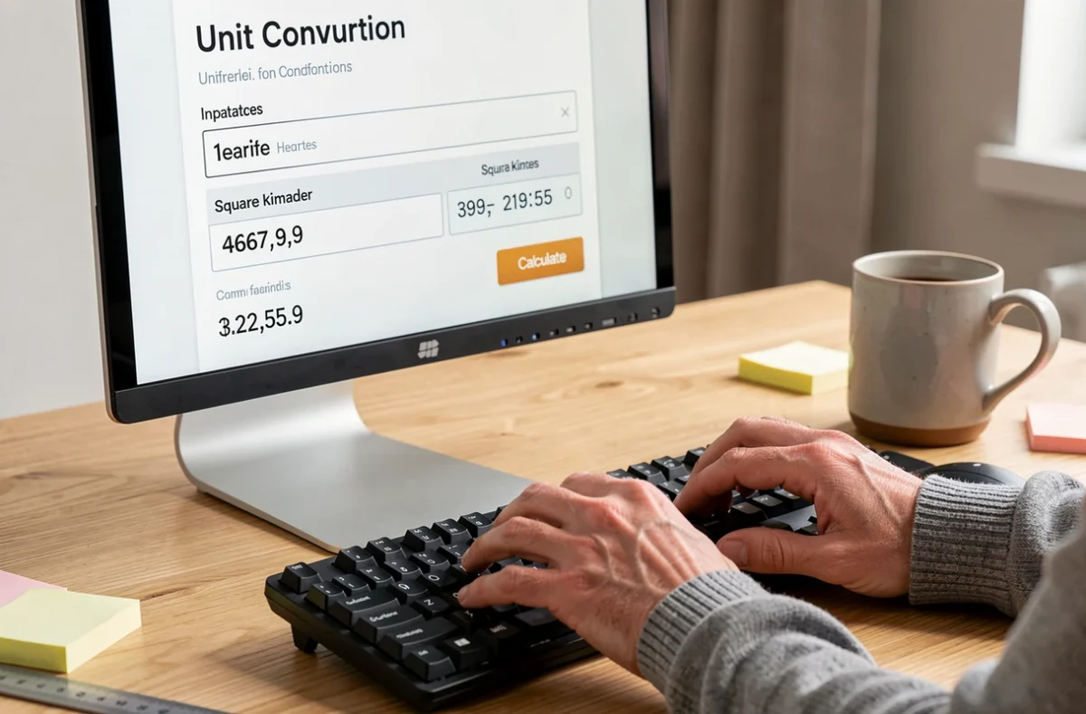 Gros plan sur un écran d'ordinateur affichant un outil de conversion en ligne de hectares en kilomètres carrés avec des mains sur un clavier