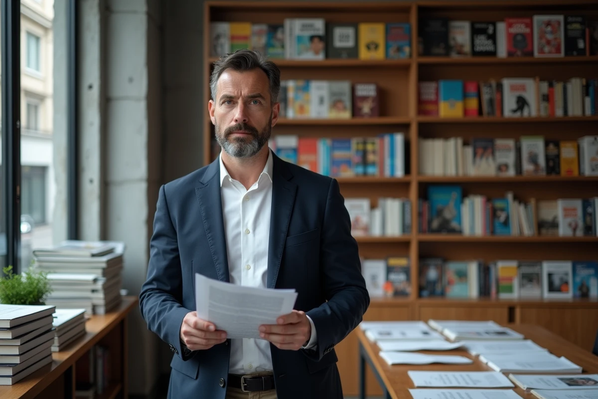 Éditeur français de mangas yaoi dans les bureaux d'une maison d'édition, tenant un rapport sur les effets des sites de scan sur le marché éditorial