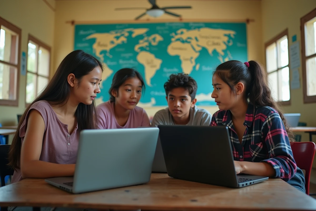 Des adolescents de diverses origines utilisent des ordinateurs reconditionnés dans un centre numérique éducatif en Amérique latine, représentant l'accès à l'éducation technologique comme levier contre les inégalités mondiales