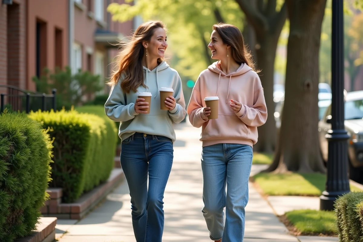 Deux femmes marchant et discutant dans une rue résidentielle, symbolisant les bénéfices sociaux et physiques de la marche quotidienne