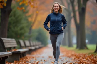 Femme de 40 ans marchant d'un pas dynamique dans un parc urbain en automne, illustrant les bienfaits de la marche régulière