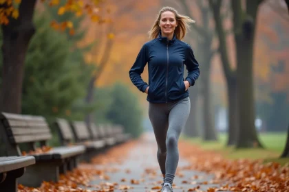 Femme de 40 ans marchant d'un pas dynamique dans un parc urbain en automne, illustrant les bienfaits de la marche régulière