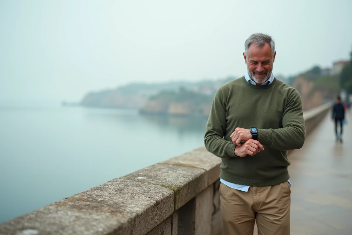 Homme de 55 ans consultant sa montre connectée après une marche sur un front de mer, visualisant les progrès de son activité physique quotidienne