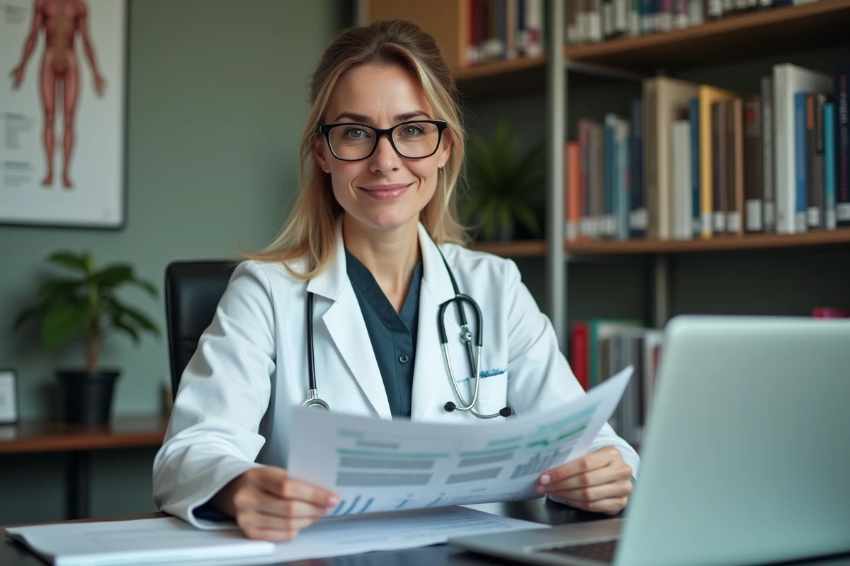 Une médecin consultant des études cliniques et des données probantes à son bureau, illustrant le critère d'efficacité clinique fondée sur les preuves.