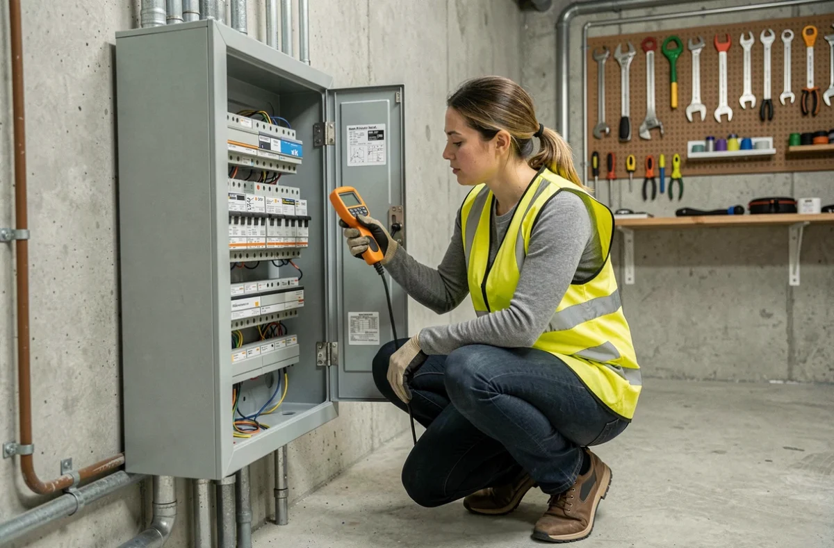 Électricienne inspectant un tableau électrique résidentiel avec un multimètre, illustration de la puissance en kilowatts