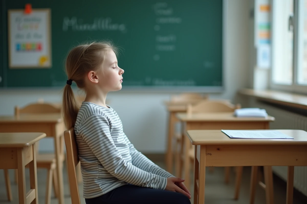 Jeune élève pratiquant seule un exercice de pleine conscience à son bureau près d'une fenêtre de classe