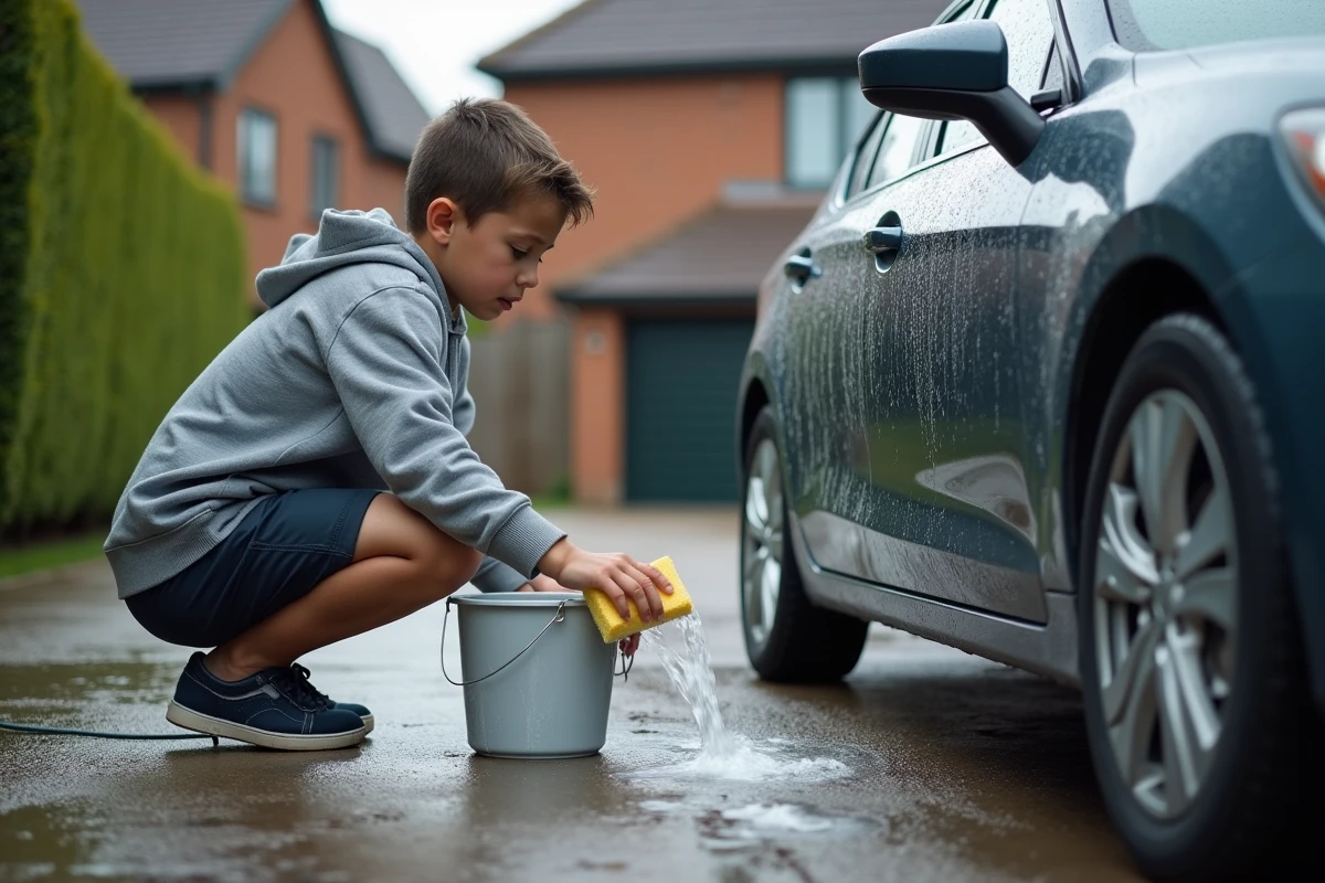 Garçon de 12 ans lavant une voiture dans une allée, exemple de petit travail rémunéré pour enfant