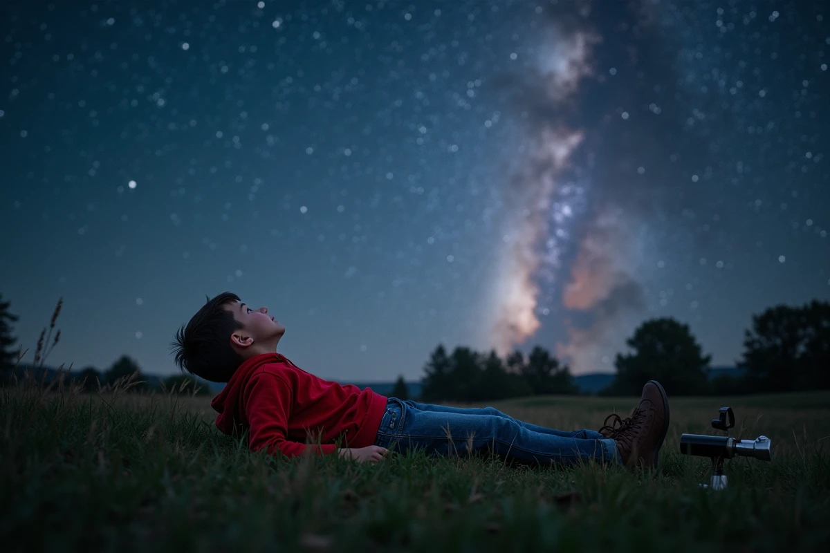Enfant allongé dans l'herbe observant la Voie Lactée avec un télescope, rêvant d'exploration spatiale sous un ciel étoilé