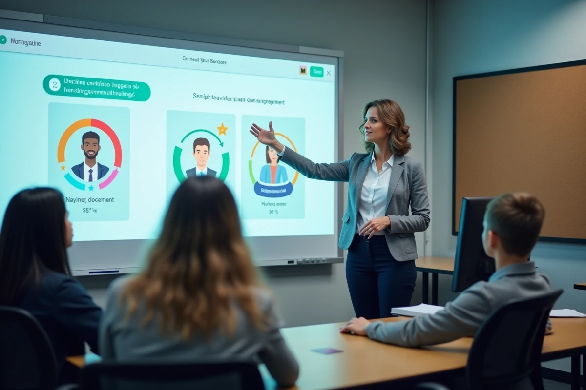 Enseignante présentant un jeu sérieux pédagogique sur tableau interactif à des élèves attentifs