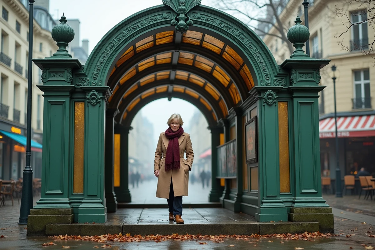 Entrée Art Nouveau de la station Abbesses à Montmartre avec la verrière Guimard en fer forgé vert sous la brume automnale