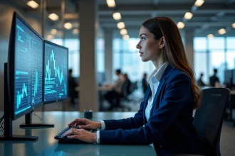 Une femme cadre d'entreprise analysant des diagrammes de réseau blockchain sur des écrans dans un bureau moderne