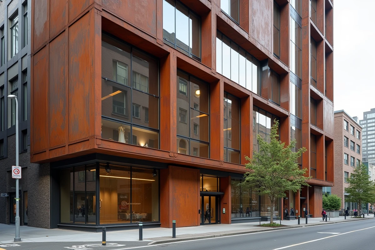 Façade architecturale combinant acier Corten, verre et brique illustrant les matériaux d'enveloppe