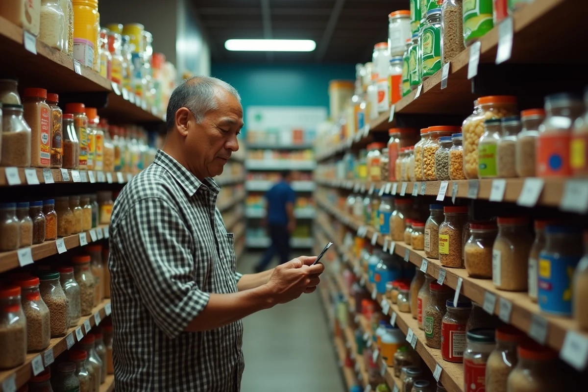 Un homme comparant les prix dans une épicerie locale en Amérique du Sud, illustrant le pouvoir d'achat élevé dans les pays à faible coût de la vie