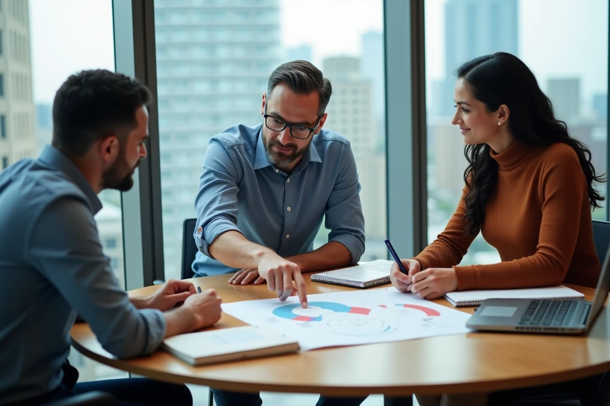 Équipe de professionnels collaborant autour d'une table sur une stratégie d'innovation en entreprise