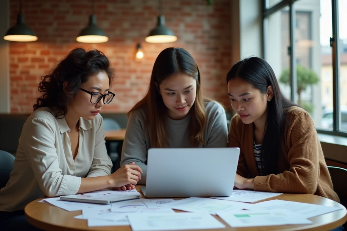 Groupe de jeunes professionnels collaborant pour identifier des contenus générés par intelligence artificielle dans un espace de coworking