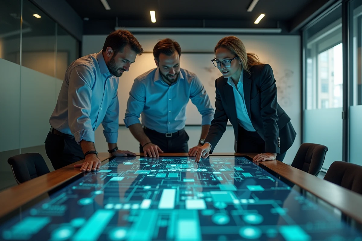 Une équipe de professionnels en réunion étudiant une visualisation de transactions blockchain sur un écran interactif