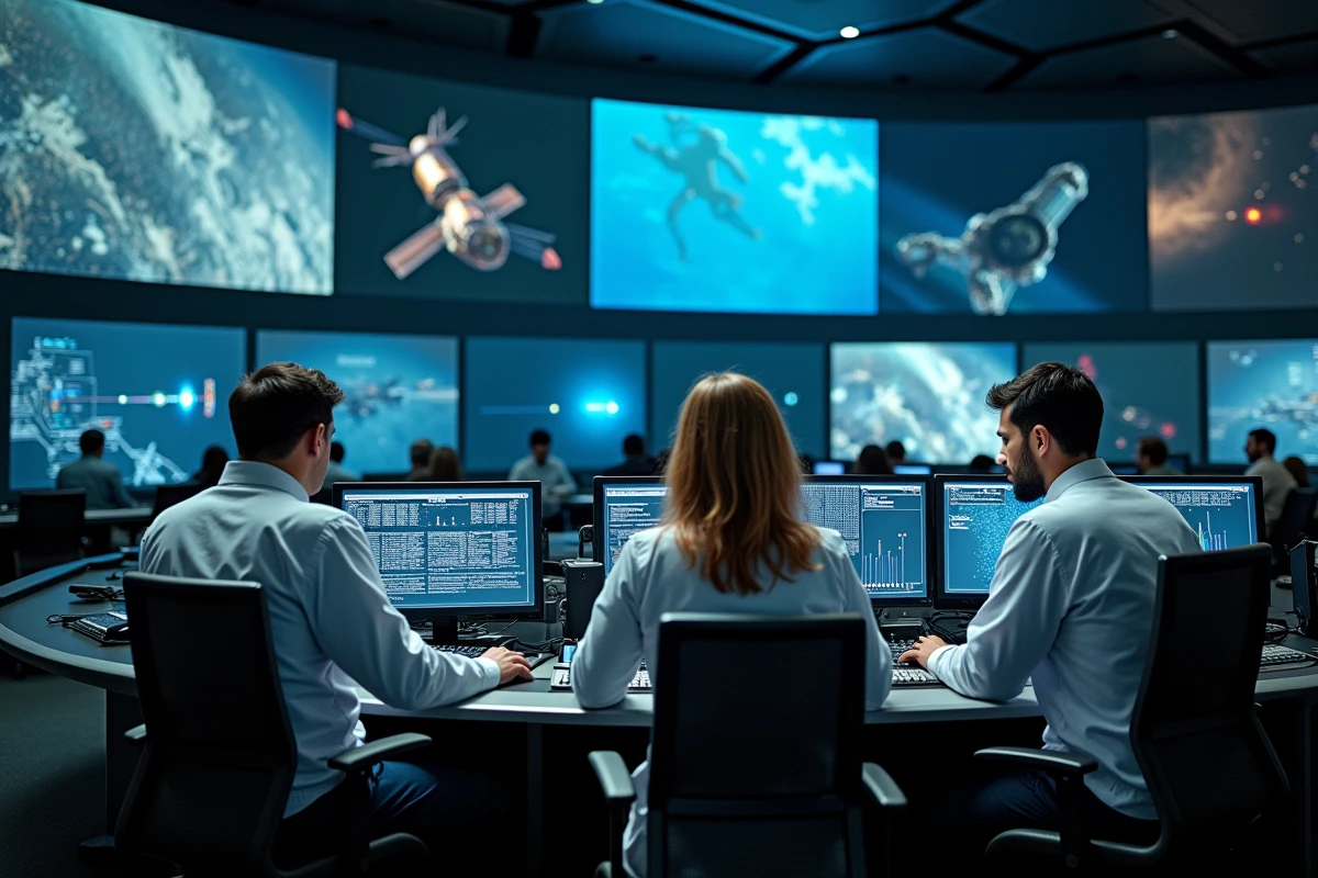 Équipe de scientifiques au centre de contrôle de mission spatiale analysant des données orbitales sur des écrans de télémétrie