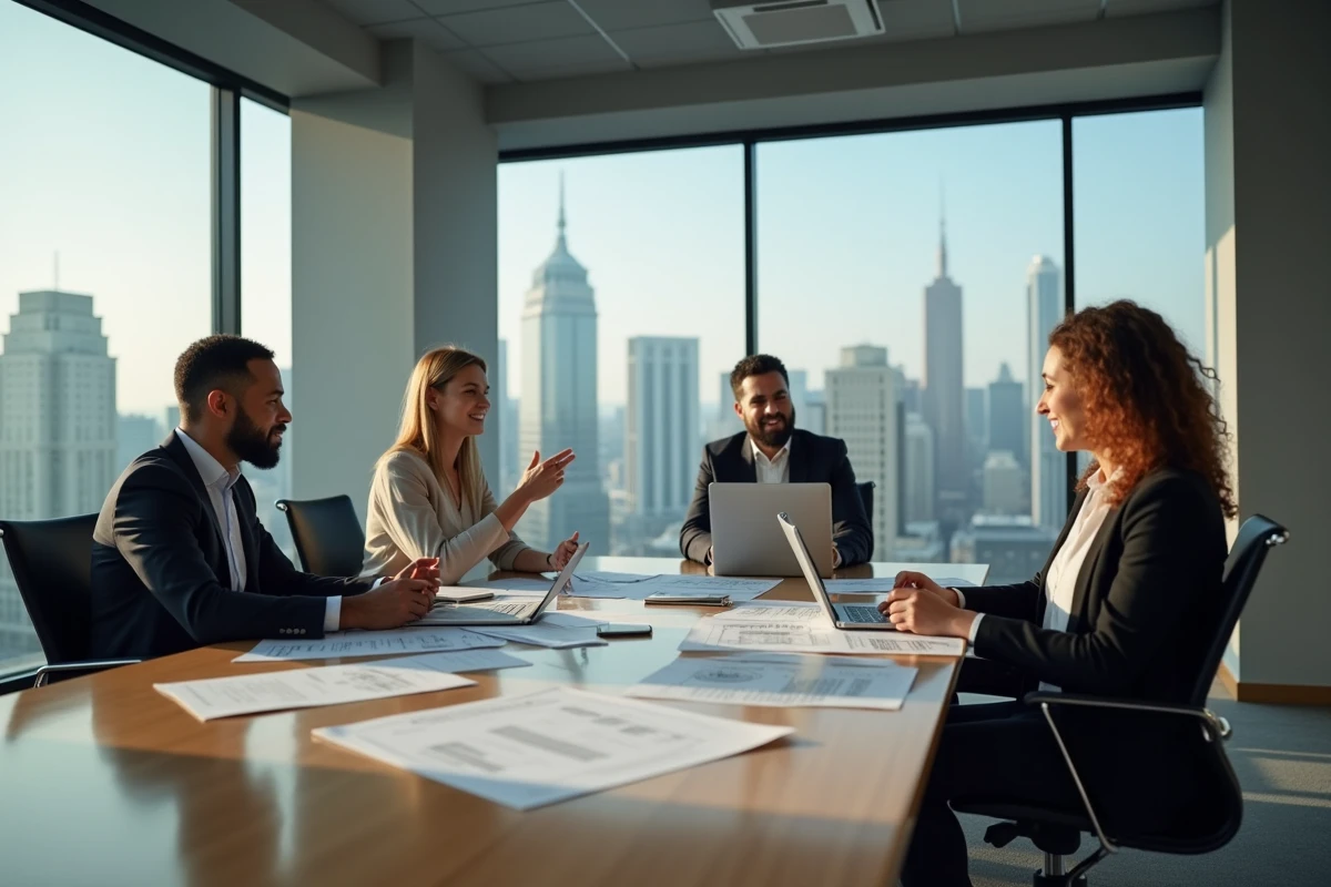 Équipe de professionnels collaborant autour d'une table de conférence sur une stratégie de développement d'entreprise avec des documents et des ordinateurs portables