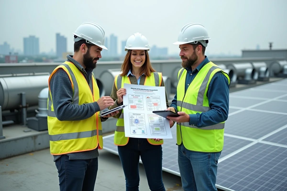 Équipe de professionnels sur un toit industriel équipé de panneaux solaires comparant les normes ISO 50001 et ISO 14001 sur un poster de conformité