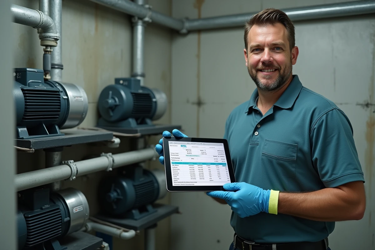 Technicien inspectant les équipements de filtration et de pompage d'une piscine pour estimer les coûts d'entretien