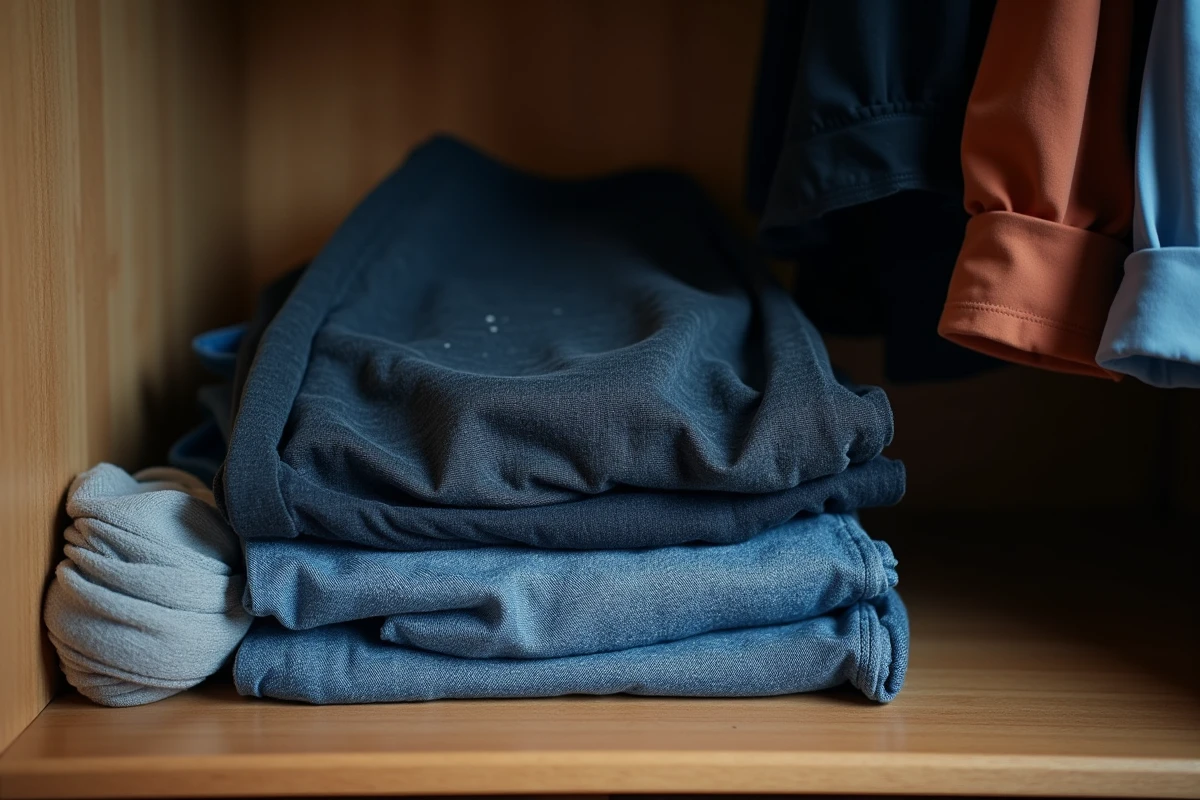 Gros plan sur une étagère de garde-robe avec des vêtements sales froissés, des traces de déodorant et des chaussettes mal rangées