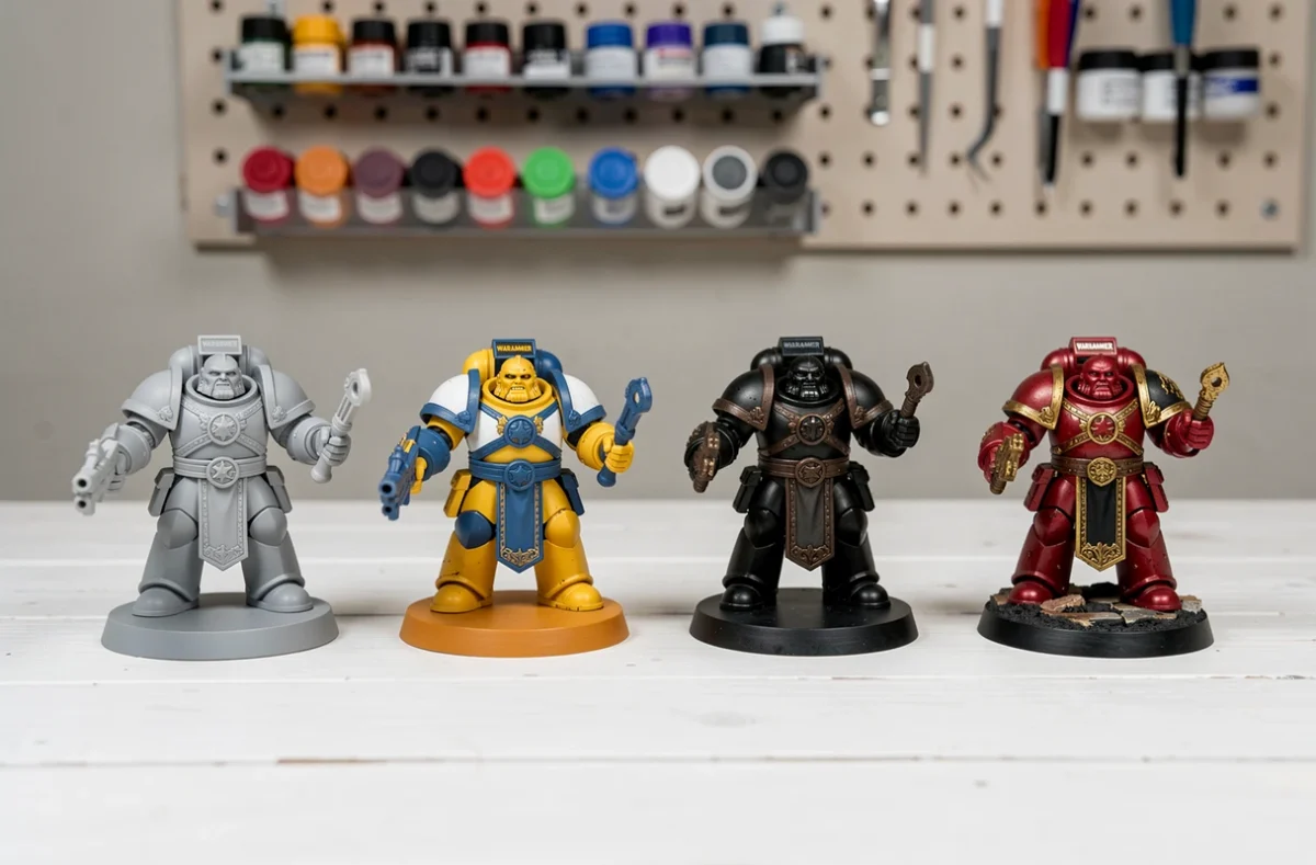 Quatre figurines Warhammer côte à côte montrant les étapes progressives d'un plan de peinture sur un mois, de l'apprêt au résultat final