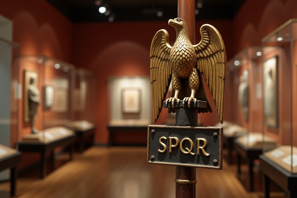 Étendard romain avec aigle impériale et inscription SPQR dans une vitrine de musée archéologique