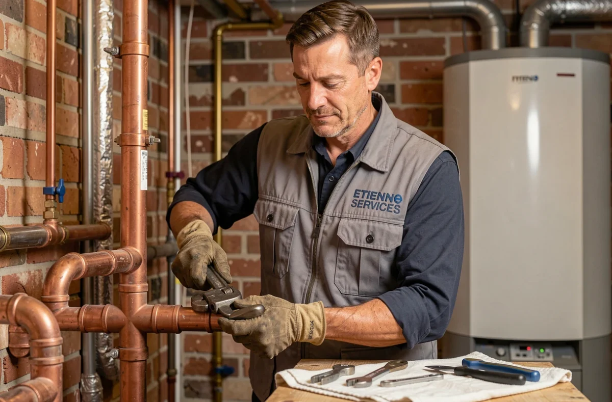 Technicien d'Etienne Services réparant une canalisation en cuivre dans une chaufferie résidentielle du Bas-Rhin