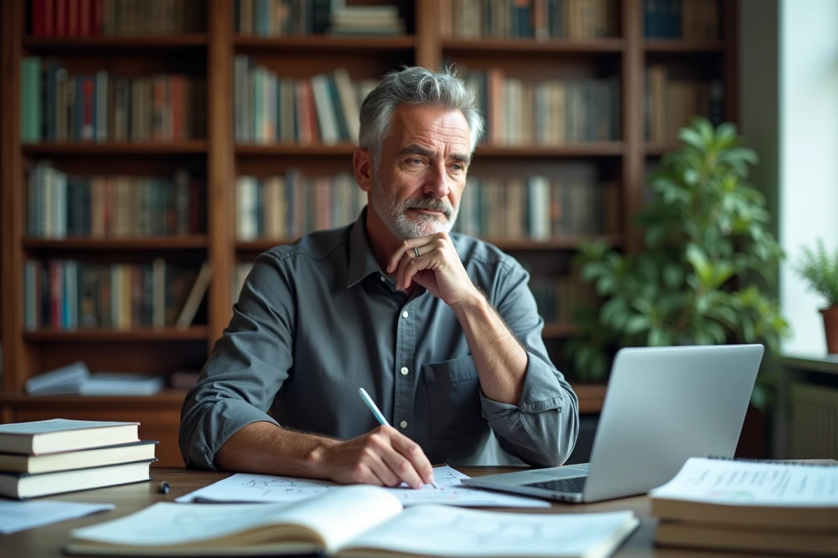 Homme d'âge mûr étudiant le principe d'inclusion-exclusion avec des manuels de mathématiques et des formules manuscrites sur un bureau en bois dans un bureau à domicile
