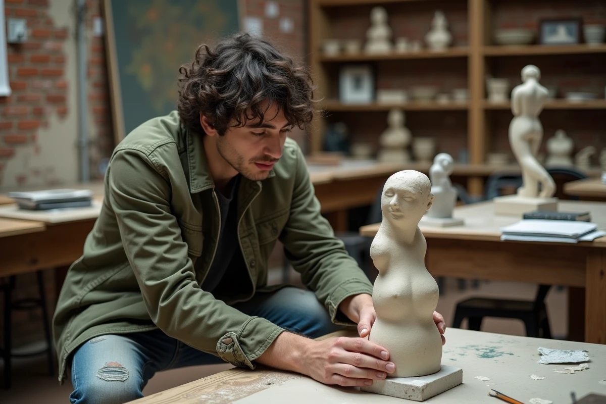 Étudiant en art examinant une sculpture cubiste dans un atelier d'école des beaux-arts