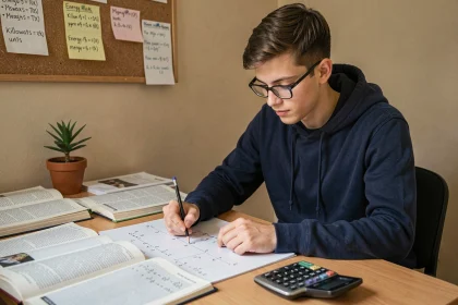 Étudiant calculant des conversions entre mégawatts et kilowatts sur un bureau avec des manuels d'électricité