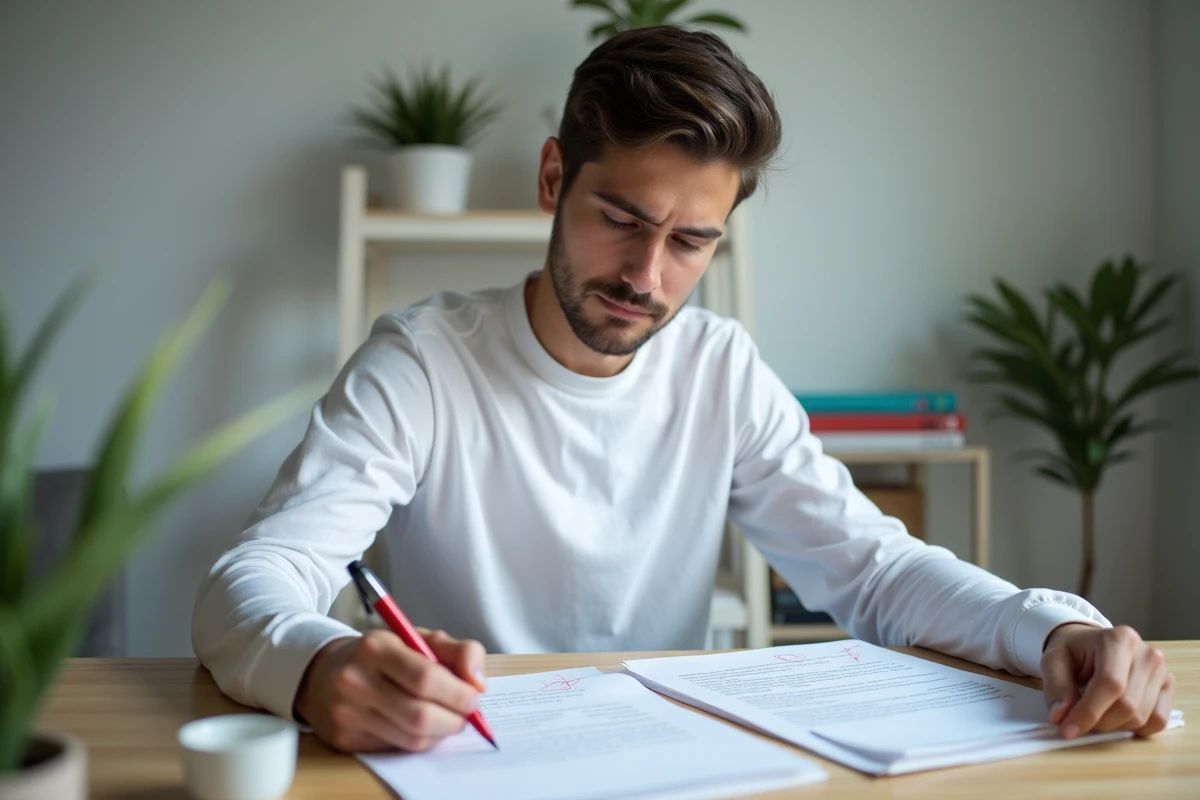 Étudiant corrigeant manuellement un devoir imprimé à son bureau avec des annotations au stylo rouge