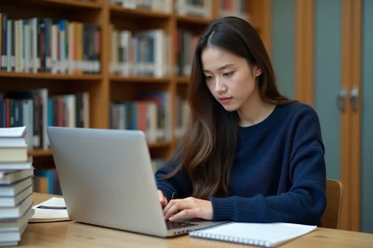 Étudiante universitaire prenant des notes manuscrites devant son ordinateur portable dans une bibliothèque académique moderne