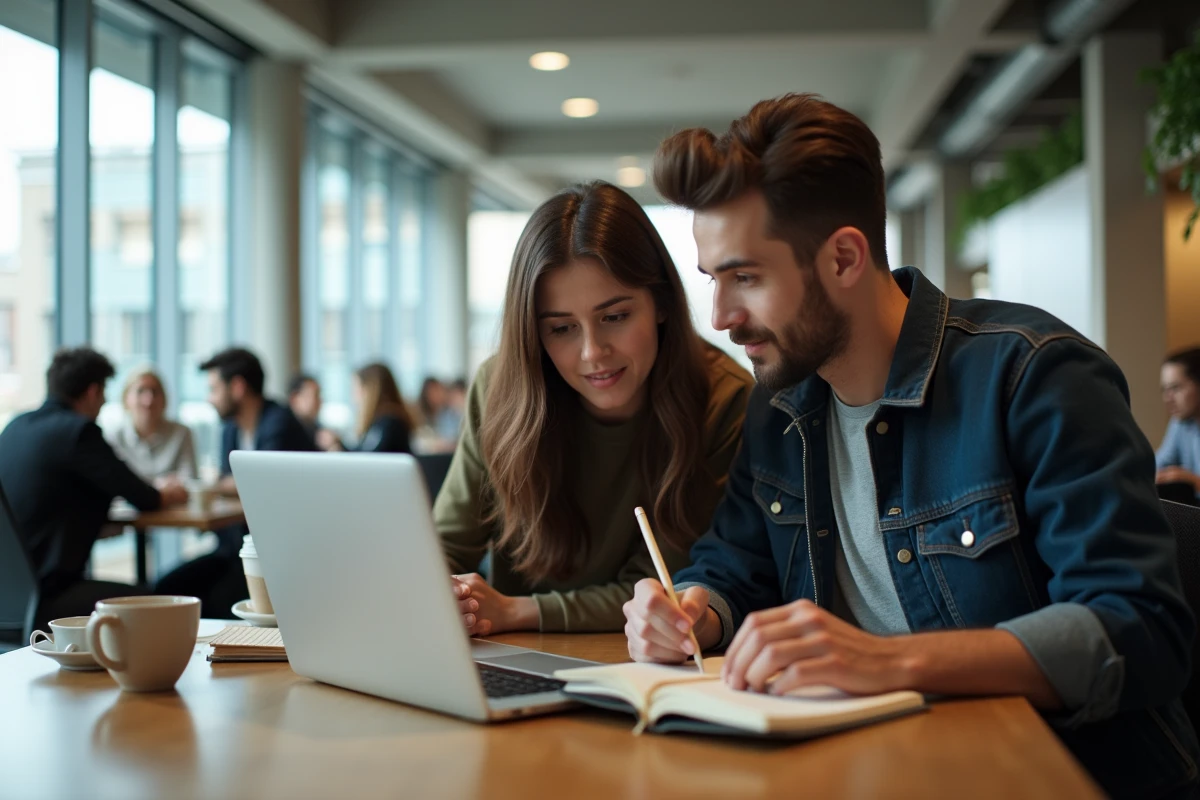 Deux étudiants collaborant sur un document académique reformulé autour d'un ordinateur portable en cafétéria universitaire