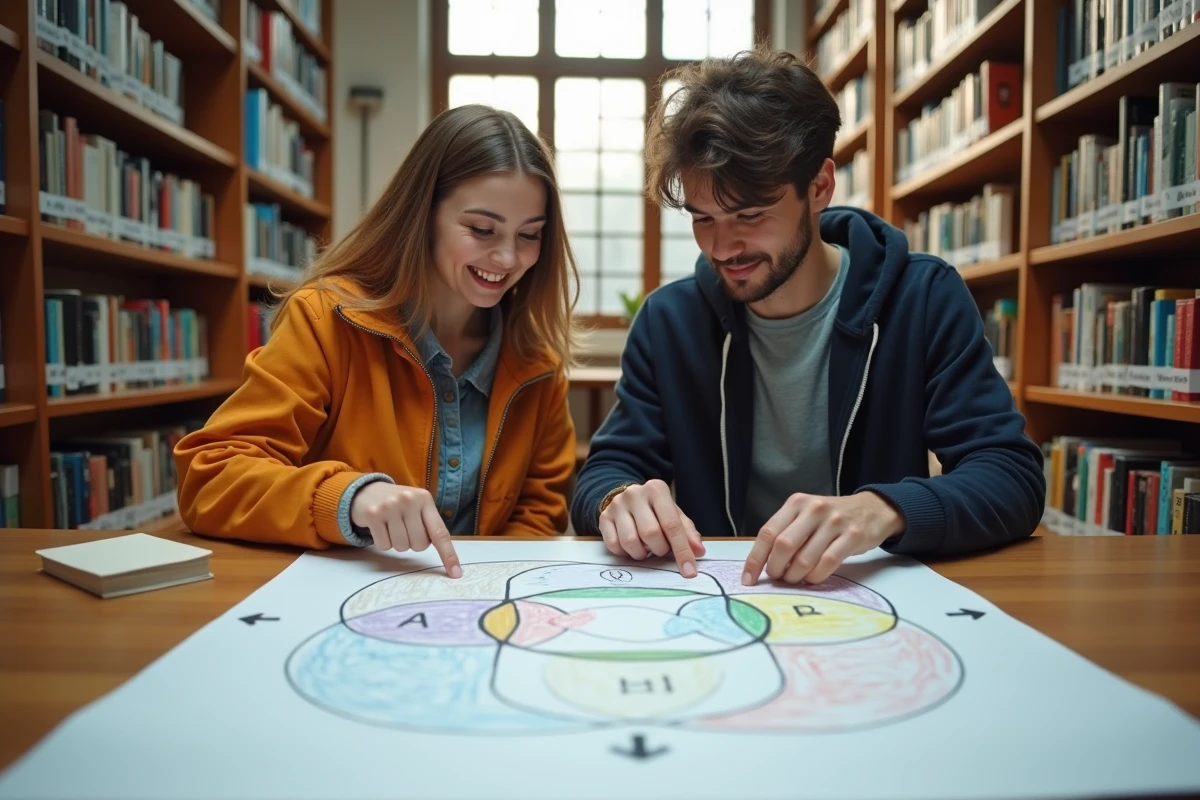 Deux étudiants universitaires collaborant sur des diagrammes de Venn représentant le principe d'inclusion-exclusion des ensembles sur une table de bibliothèque